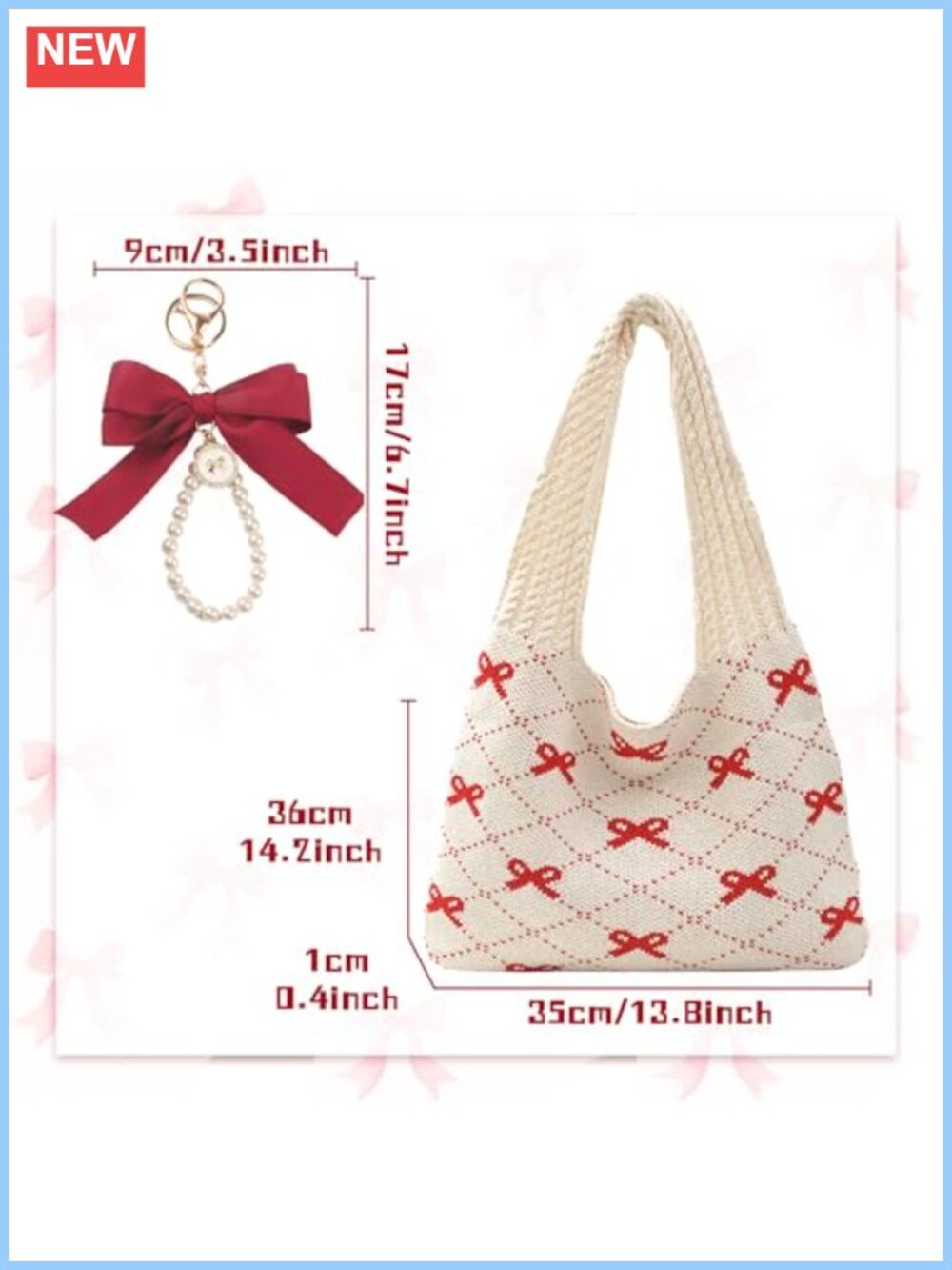 Crochet Tote Bag with Bow Keychain Mesh Knitted Shoulder Bag - Picture 4 of 6